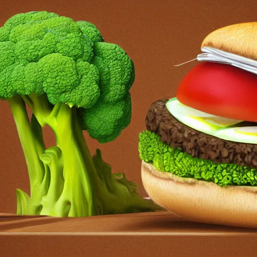 Image similar to a dancing persian cat and a multilayer vegetarian broccoli burger, highly detailed, digital painting, sharp focus, fantasy art