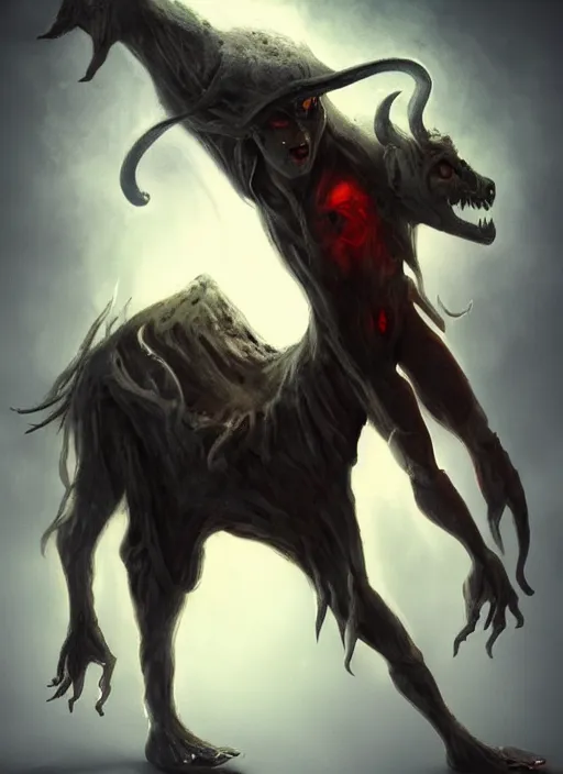 Image similar to terrific jinn demon with hoof on his feet with long cloth, horror, dark atmosphere, harsh lighting, cinematic lighting, scary, award wining art, artstation, high details, concept art, 4 k