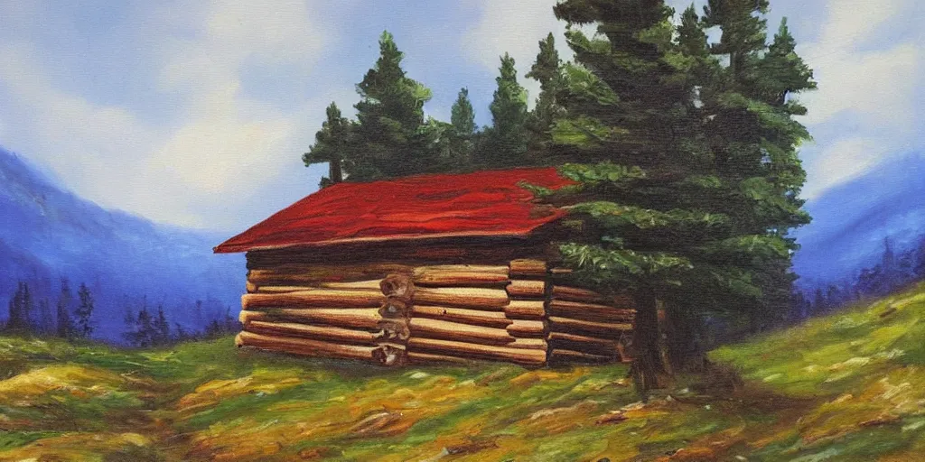 Image similar to a log cabin on a windy hillside, style of bob ross, oil painting,