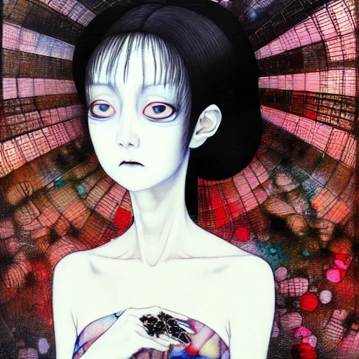 Image similar to yoshitaka amano blurred and dreamy realistic portrait of a woman with white hair and black eyes wearing dress suit with tie, junji ito abstract patterns in the background, satoshi kon anime, noisy film grain effect, highly detailed, renaissance oil painting, weird portrait angle, blurred lost edges, three quarter view