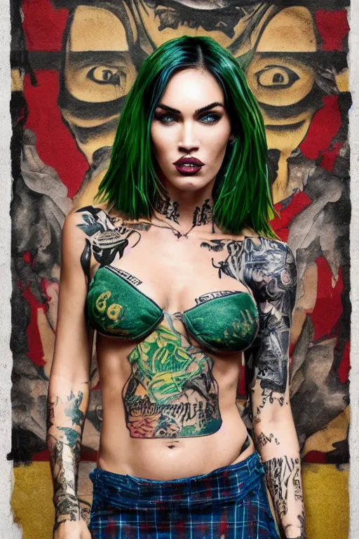 Prompt: upper body portrait megan fox as a punk woman with green mohawk, covered in neotraditional style tattoos, wearing a bold tees shirt, fishnets and a long tartan skirt, intimidating, max details, hyperrealistic, photorealistic, ultra - realistic, ultra - detailed, cinematic, 8 k resolution by alan lee