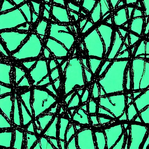 Prompt: painting of black and green synapses against a mint green background