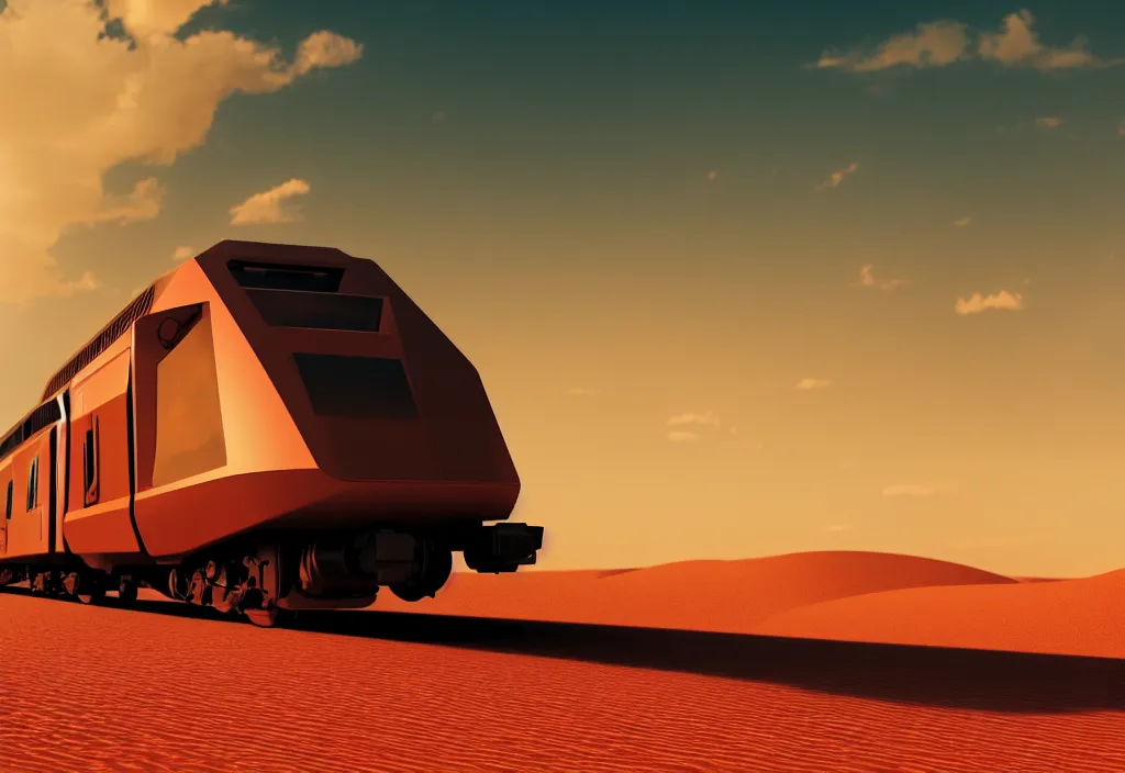 Image similar to futuristic train in a desert, painting, octane render, 4 k, anime sky, warm colors