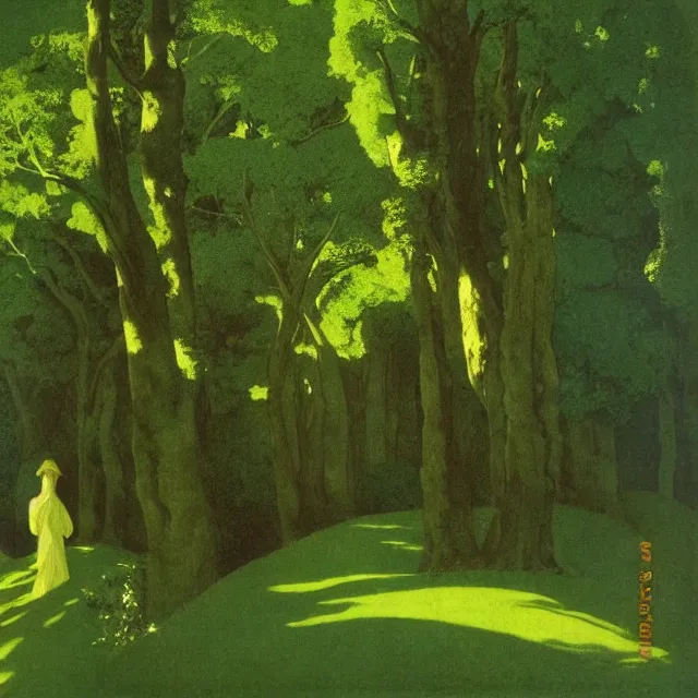 Prompt: spirits in procession in a green forest ( maxfield parrish )