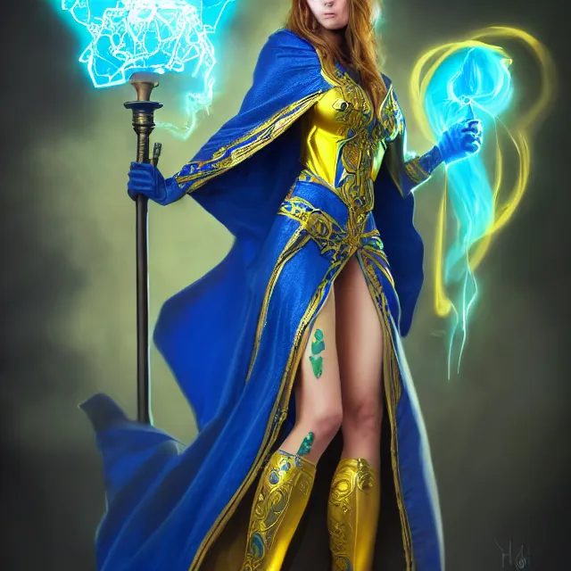 Image similar to beautiful elemental electric witch with ornate blue andyellow robes and staff, highly detailed, 4 k, hdr, smooth, sharp focus, high resolution, award - winning photo, artgerm, photorealistic