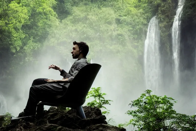 Image similar to movie closeup young man with a grey beard in a cyberpunk suit sitting on a futuristic chair at the edge of a jungle waterfall by emmanuel lubezki