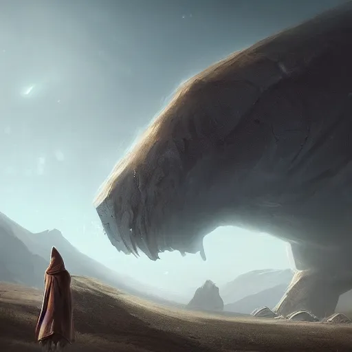 Prompt: concept art of a small hooded figure standing in a barren field looking at a colossal beast, by Jessica Rossier + Andreas Rocha, dark, epic, masterpiece