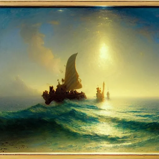 Image similar to point of view of deep in the ocean looking up, you see fishes, higher up you see very clearly the milk way illuminating the sea down bellow. highly detailed painting by gaston bussiere, greg rutkowski 8 k