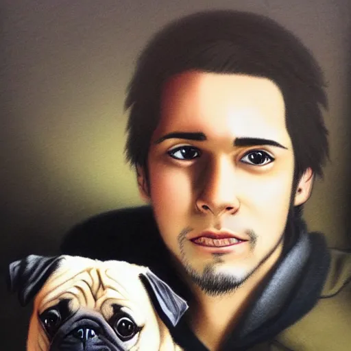 Image similar to self portrait, young white hispanic handsome man with short light brown hair and light skin and a 5 o clock shadow, holding a pug for a picture, pencil art, added detail, high definiton, colored, backfacing, illustrated by yoji shinkawa