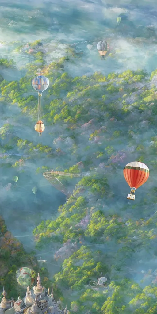 Image similar to An aerial tennis court, suspended by a giant tennis ball-shaped hot air balloon, Castle in the Sky style, by Miyazaki Hayao