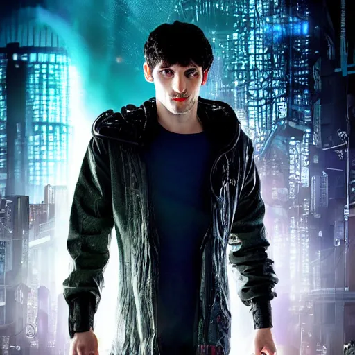 Image similar to Colin Morgan as Cyberpunk Merlin