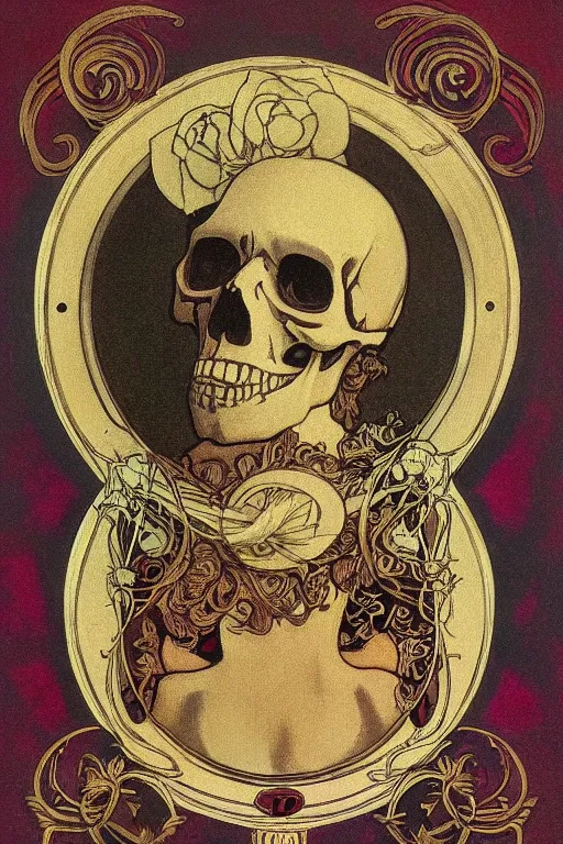 Prompt: skull in the center of a round frame, in the style of Mucha,