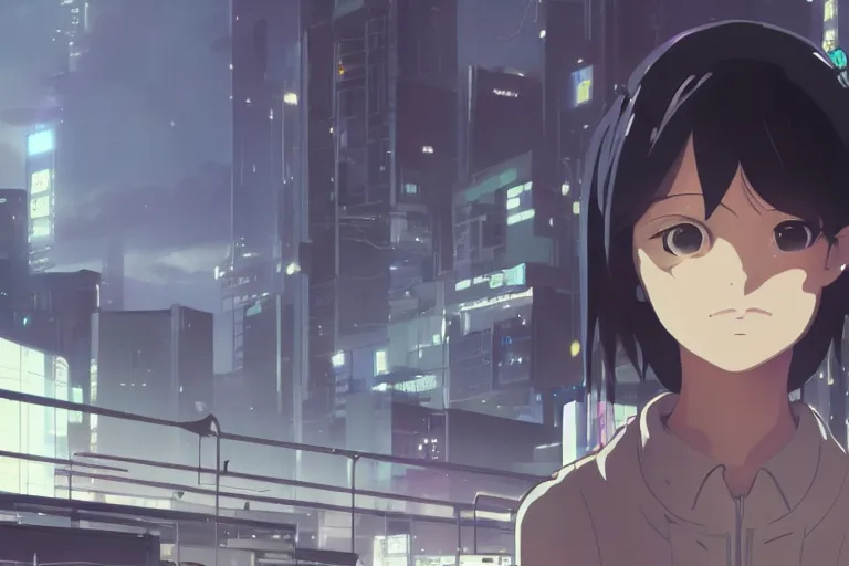 Image similar to makoto shinkai. robotic android girl. futuristic cyberpunk dystopia.