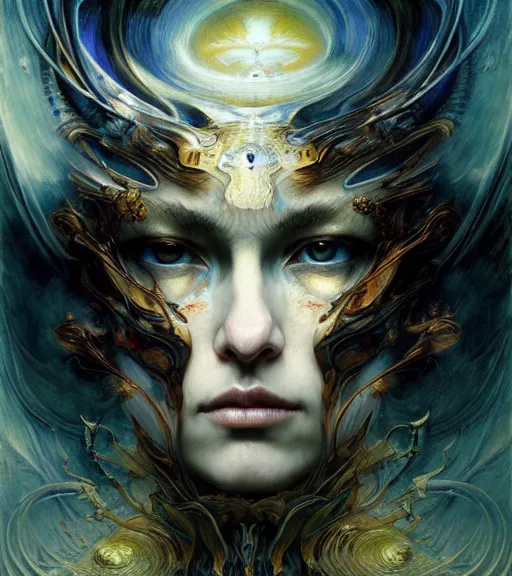 Prompt: sacred chaos engine by karol bak and ruan jia and vincent van gogh, smile, moody neutral pastel colors, iris van herpen visionary dreams, symbolism, james jean spiral cloud, imagination, daytime dreams and nightmares