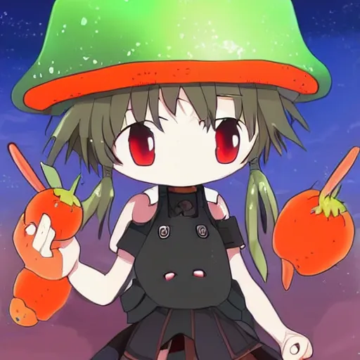 Prompt: cute android with big tomato hat and a carrot sword, made in abyss style