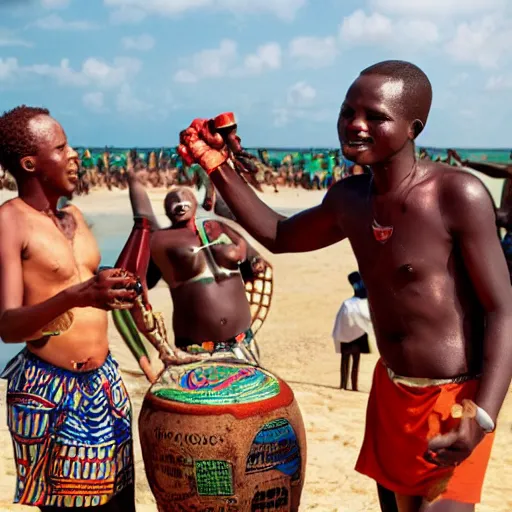 Image similar to bang man drinking bongo beer on tanzania on bongo beach dancing to bongo music Africa bongo people and love, realistic photo, surreal place