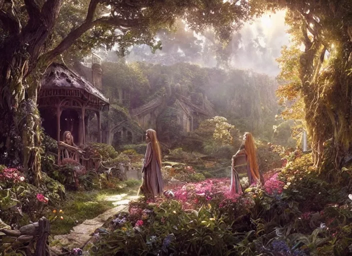 Prompt: female elves with wings of lace in lord of the rings scenery landscape, treehouse, flowers, beautiful day, highly detailed, perfect lighting, perfect composition, 4 k, artgerm, derek zabrocki, greg rutkowski, alphonse mucha
