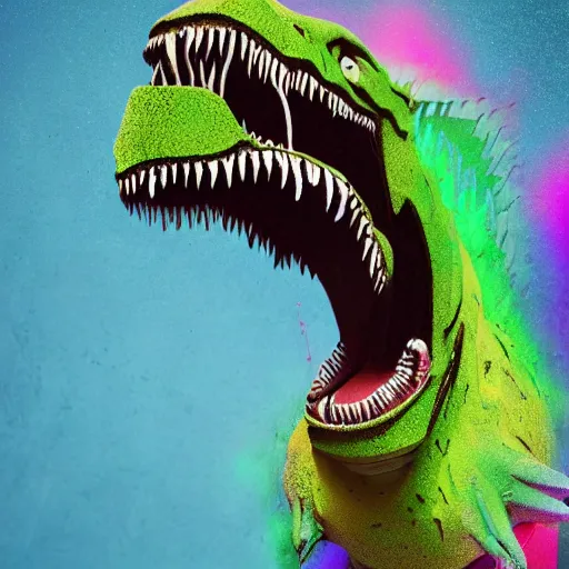 Image similar to t - rex drinking a giant ipa, hop vibes growing everywhere intricate complexity, inverted rainbow drip paint, psychedelic glitch art, trending on art station, photoreal, 8 k, octane render