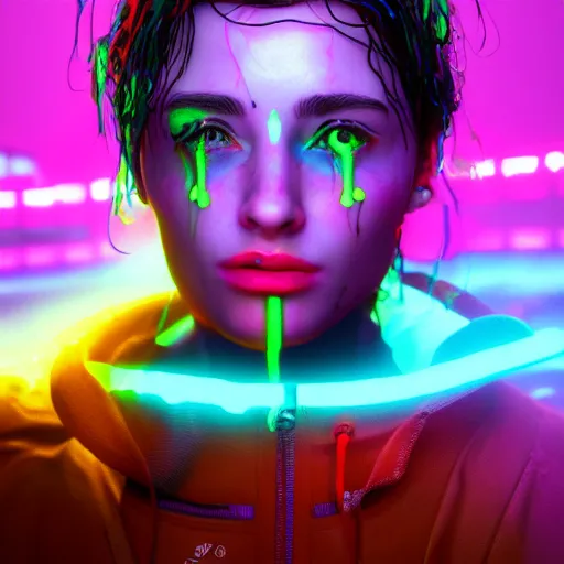 Prompt: cartoon portrait made out of rain, neon colors, rendered in octane, unreal engine, highly detailed, realistic, beautiful, emotional, trending on artstation, epic cinematic scene