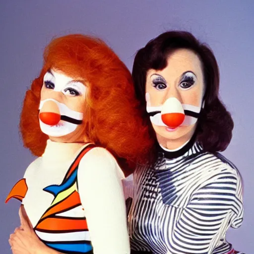 Prompt: 1982 twin women on tv talk show wearing an inflatable long prosthetic snout nose soft color wearing stripes 1982 color film archival footage 16mm John Waters Russ Meyer Almodovar Doris Wishman