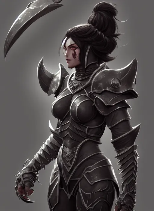 Image similar to full plate armor!!! beautiful and elegant dark hair female orc!! gorgeous ayes!! character concept art, sharp focus, octane render! unreal engine 5! highly rendered!! trending on artstation!! detailed linework!! illustration by artgerm, wlop, and chie yoshii