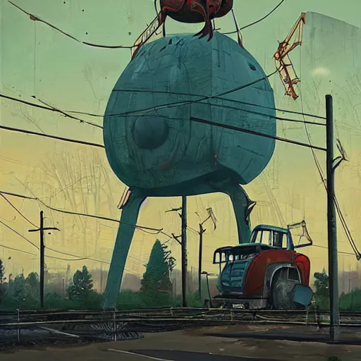 Image similar to an abandoned giant crane shaped like a beetle, art by simon stalenhag