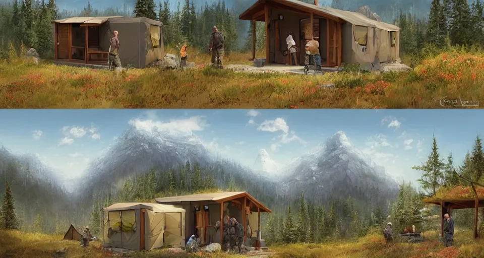 Image similar to cabela's beautiful comfortable community of modular insulated wall container home kit - house all weather military grade family dwelling tent house, person in foreground, mountainous forested wilderness open fields, beautiful views, painterly concept art, environmental concept art, concept art illustration, by james gurney, by craig mullins, by greg rutkowski trending on artstation