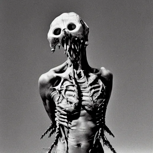 Prompt: in the desert a bloody horrifying The Thing creature made of muscle and bone, mid day, 35mm photography, realistic,