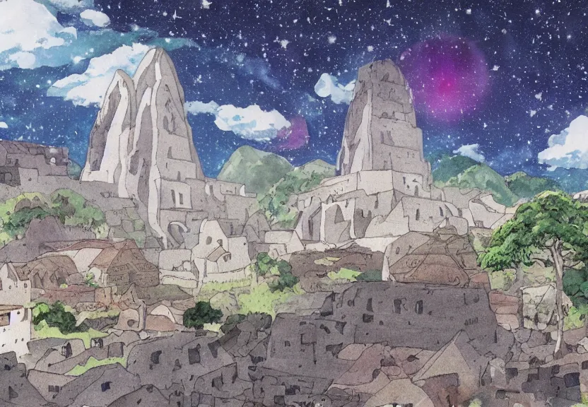 Prompt: a cell - shaded watercolor concept art from a studio ghibli film showing one giant grey alien. a temple is under construction in the background in machu pichu on a misty and starry night. by studio ghibli. very dull muted colors