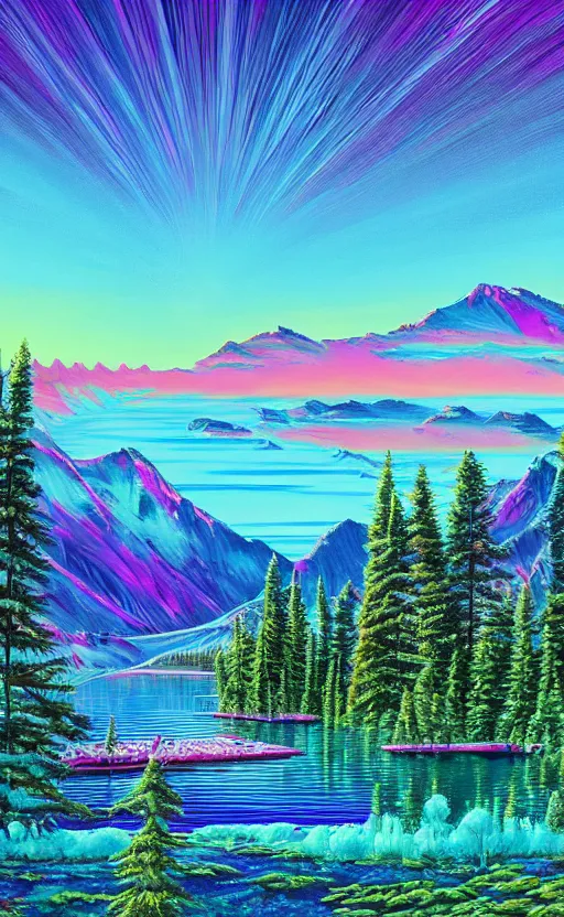 Image similar to beautiful award winning synthwave painting of a canadian lake, extreme detail, digital art, 4 k, ultra hd