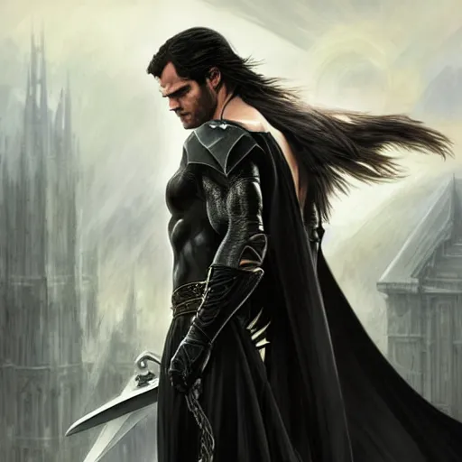 Image similar to Henry Cavill as Sephiroth with black wings, western, D&D, fantasy, intricate, elegant, highly detailed, digital painting, artstation, concept art, matte, sharp focus, illustration, art by Artgerm and Greg Rutkowski and Alphonse Mucha