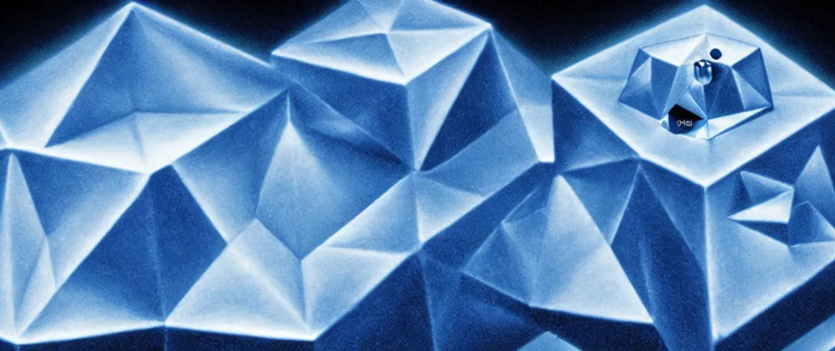 Image similar to hyperrealistic highly detailed Kepler's Platonic solid model sacred iridescent in motion escher dali matte painting dramatic blue lighting wide angle hd 8k sharp shallow depth of field