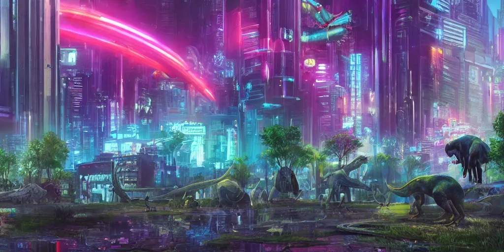 Image similar to a beautiful painting of a lush cyberpunk city with dinosaurs grazing in parks by ridley scott, vivid colours, cinematic lighting, fine details, 8 k | | digital artwork made by greg rutswork, anna dittmann and lois van barlee, symmetrical neon rim light, anatomically correct