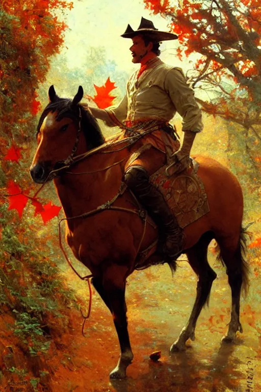 Image similar to attractive man riding a horse in the woods with falling red leaves, painting by gaston bussiere, craig mullins, j. c. leyendecker, ghibli style