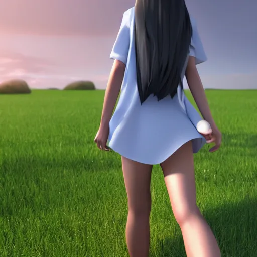 Image similar to 3d hd render of teenager anime girl full body walking backwards octane render post denoised, night sky, volumetric lightning dark grey tint