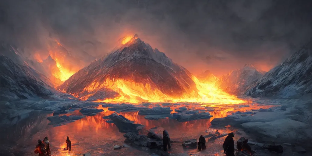 Image similar to alaskan glacier on fire, dim volumetric lighting, 8 k octane beautifully detailed render, post - processing, extremely hyper - detailed, intricate, epic composition, cinematic lighting, masterpiece, trending on artstation, detailed detailed detailed, masterpiece, stunning art by anders zorn, wonderful masterpiece by greg rutkowski, beautiful cinematic light