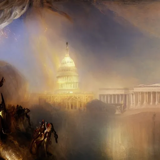 Image similar to highly detailed painting of alien androids attacking washington dc, by william turner, by greg rutkowski, by william constable, thick brush strokes and visible paint layers, 4 k resolution