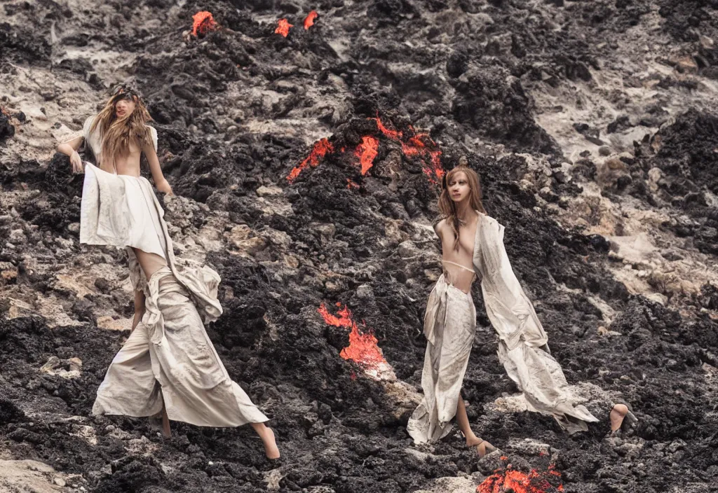 Image similar to fashion editorial in active volcano. wide angle. highly detailed.