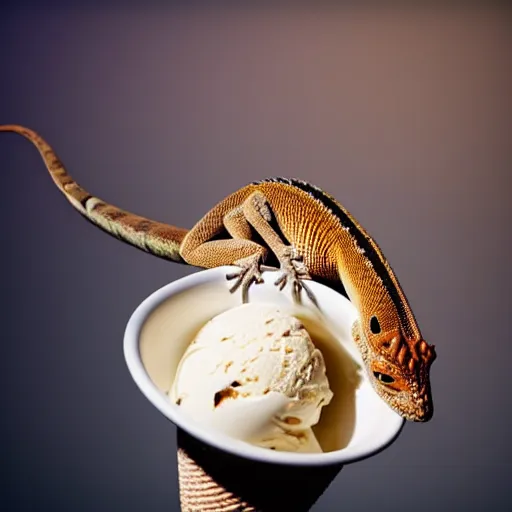 Prompt: A high quality photo of a lizard eating ice cream, studio lighting