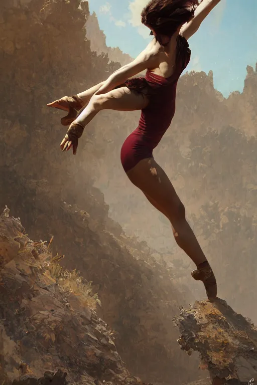 Image similar to a full body portrait of a beautiful post apocalyptic offworld desert gymnast leaping in ballet dance pose by the emerald oasis pools, intricate, elegant, highly detailed, digital painting, artstation, concept art, smooth, sharp focus, illustration, art by krenz cushart and artem demura and alphonse mucha