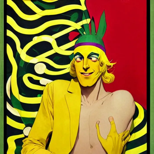 Image similar to art by joshua middleton, the yellow creeper, a tall manically smiling yellow - skinned man with green and black striped cycling shorts and wearing a long red feather boa, yellow makeup, mucha, kandinsky, poster, comic art, stylised design