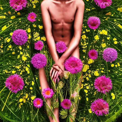 Image similar to hyper realistic photo human body made of wild flowers