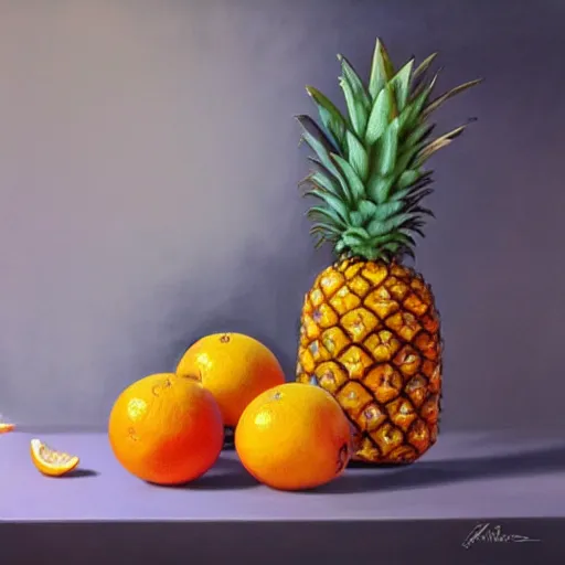 Image similar to A beautiful still life oil painting of Oranges pineapples bananas Pomegranates lying on a silk cloth, fog, volumetric, lighting, summer, hyperrealistic, art by artgerm