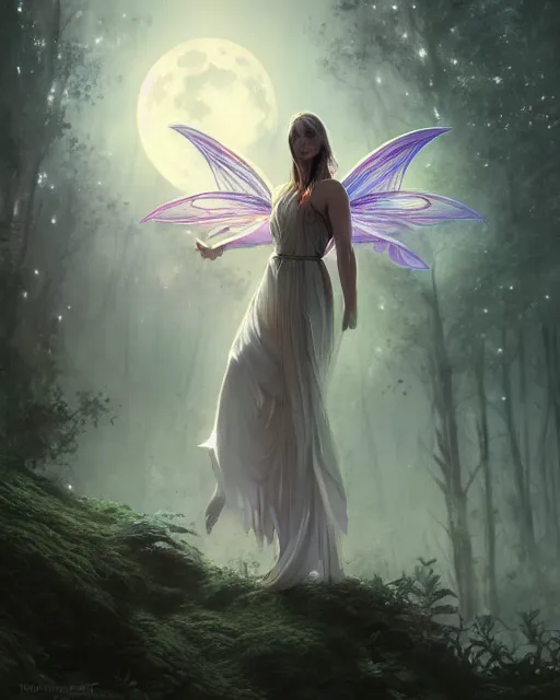 Image similar to attractive fairy goddness fly high in the night, d & d, fantasy, mist, full moon in background, trees, hyper detailed, art by artgerm and greg rutkowski and magali villeneuve, midium shot, 8 k realistic, cryengine, digital painting, trending on artstation, concept art, sharp focus, illustration,