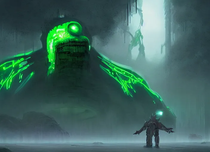 Image similar to giant monstrous green aggressive squid monster towering over man in white armor who has a gleaming sword made of black fire. The foreground is covered by mystical, translucent mist, epic science fiction horror digital matte painting by Simon Stalenhag and Mark Brooks (and Greg Rutkowski), extremely detailed, artstation