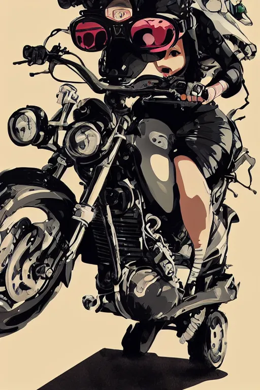 Image similar to black woman with goggles riding motorbike, ilya kuvshinov, jamie hewlett, yoji shinkawa, muted colors, beautiful detailed illustration, 17th century oil painting, flat colors, studio ghibli, cel shading,