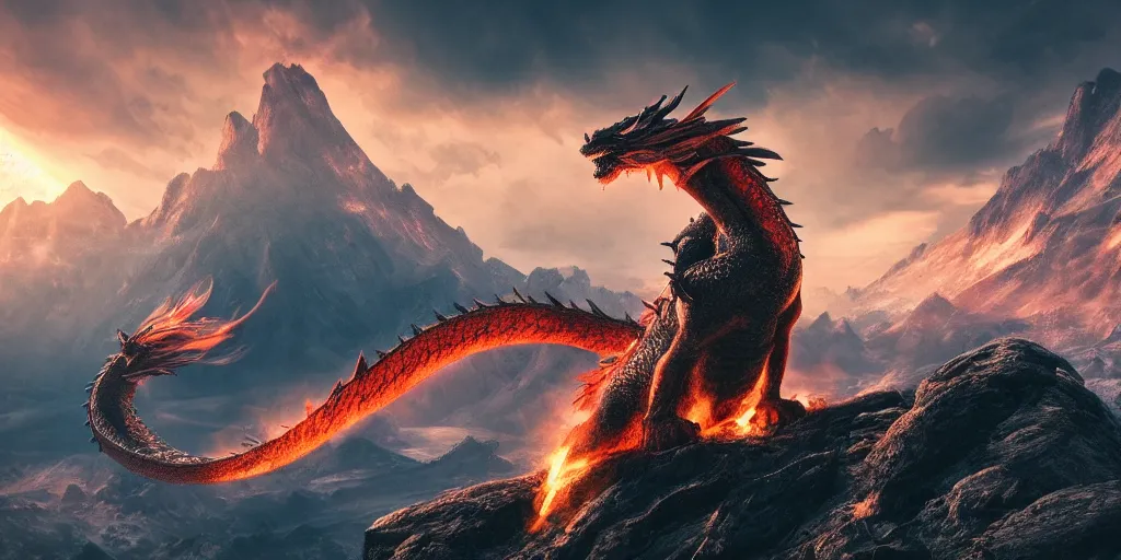 Image similar to A dragon breathing fire on the top of a mountain, epic composition, detailed and intricate image, cinematic, 4K