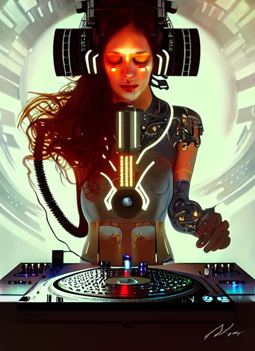 Image similar to cyborg DJ mixing on stage , diffuse lighting, fantasy, intricate, elegant, highly detailed, lifelike, photorealistic, digital painting, artstation, illustration, concept art, smooth, sharp focus, art by John Collier and Albert Aublet and Krenz Cushart and Artem Demura and Alphonse Mucha