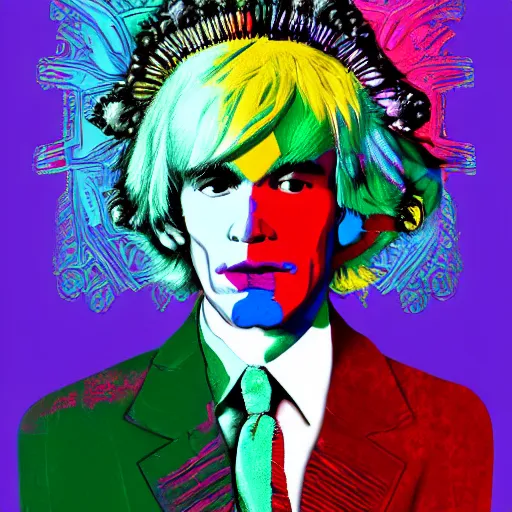Image similar to An extremely psychedelic portrait of Andy Warhol wearing a crown, surreal, LSD, face, detailed, intricate, elegant, lithe, highly detailed, digital painting, artstation, concept art, smooth, sharp focus, illustration