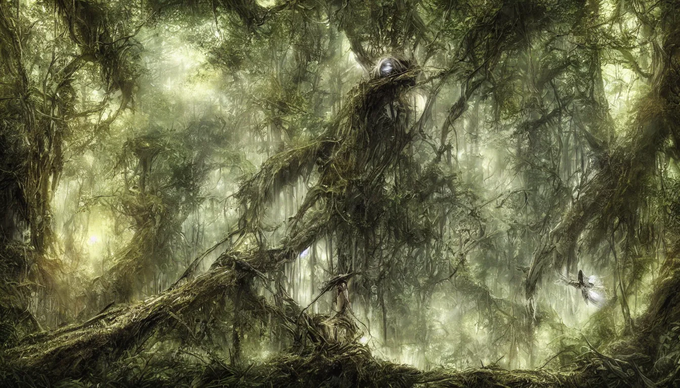 Prompt: a big eye floats above the ground in a dense forest, illustration by john taylor dismukes and dave lafleur, luis royo, smooth shading, ultra detailed, high resolution, cinematic, chrome art, rich deep colors, unreal 6